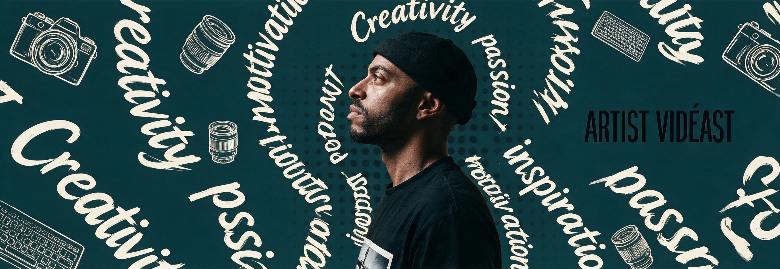 Portrait de profil sur fond bleu canard entouré des mots creativity, passion, inspiration